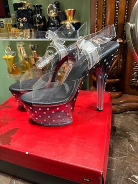 Pleaser Clear Platform Heels with Red Studded Base